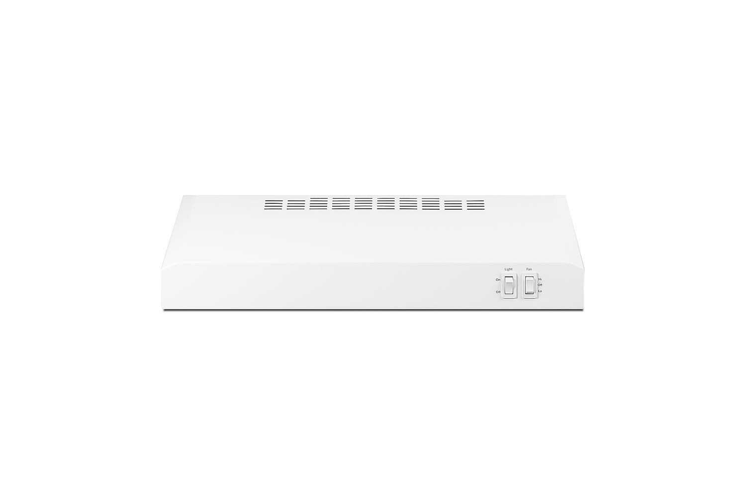 20 inch wide ADA compliant under cabinet convertible range hood for ducted or ductless use in white, made in North America with a remote wall switch
